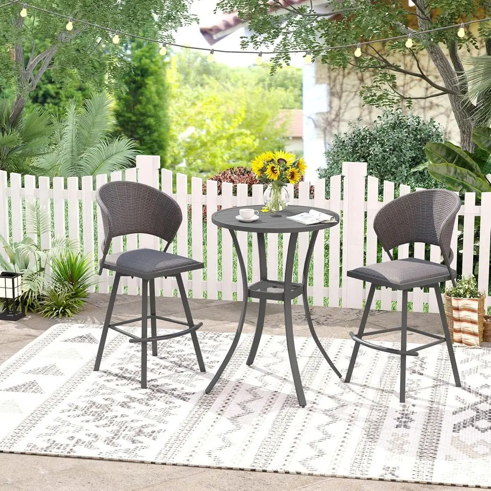 

3-Piece Outdoor Bar Set with Swivel Chairs, 27.6 Round Table, Umbrella Hole, Grey