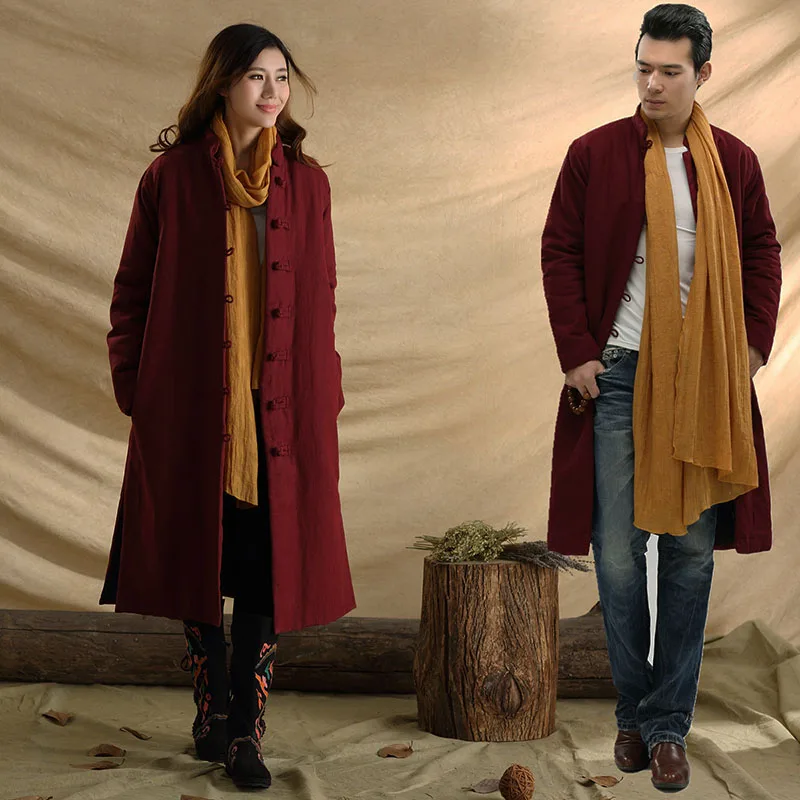 Męski i damski płaszcz z tekstury bawełny i lnu, długi zimowy płaszcz w stylu vintage, jednorzędowy, zapinany na guziki, luźny kombinezon, bawełniana kurtka.