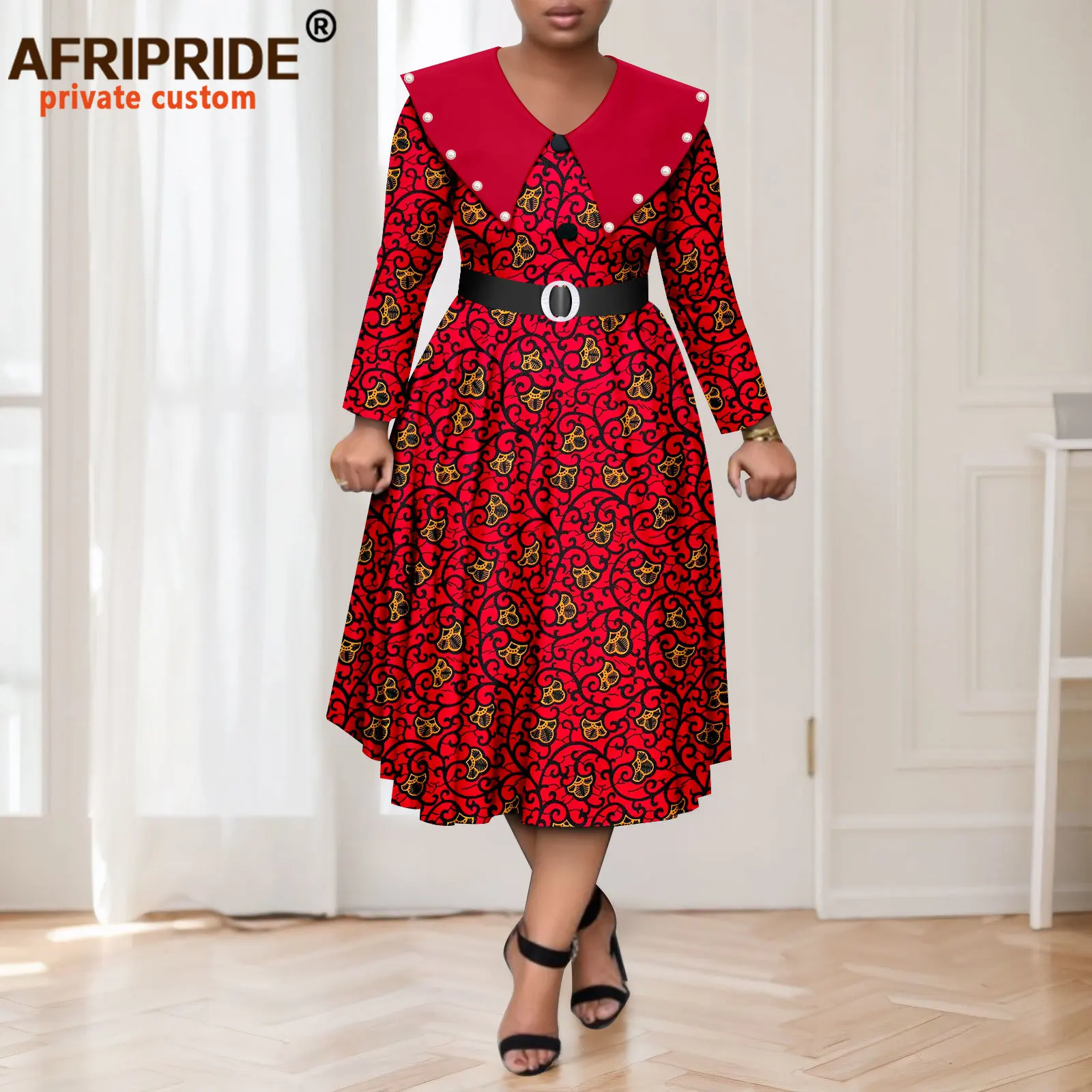 African Dresses for Women Embroidered Flares High Waist Print Dress Casual Party Outfit Dashiki Clothing with Belt 2525047