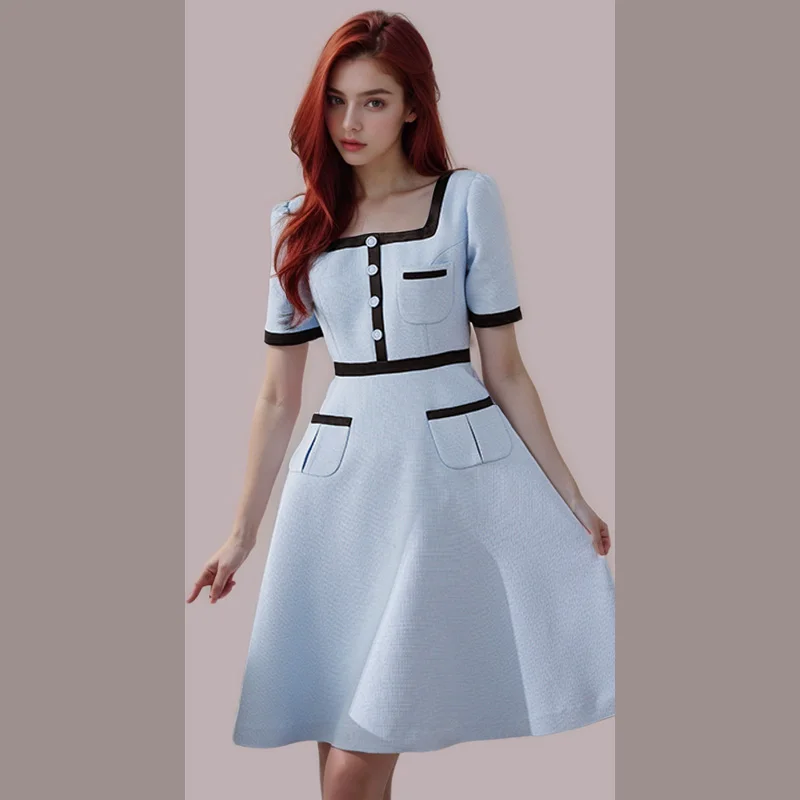 High end exquisite dress with a small fragrant style, contrasting colors, generous collar, and slim skirt