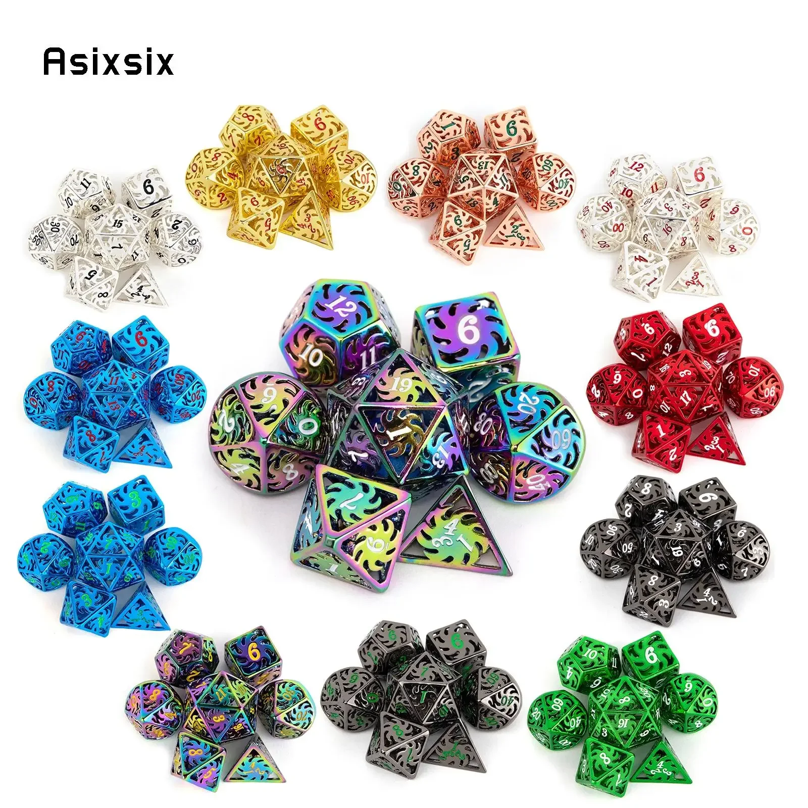 

7 Pcs All Kinds of Color Windmill Metal Dice Hollow Metal Polyhedral Dice Set Suitable for Role-Playing RPG Board Game