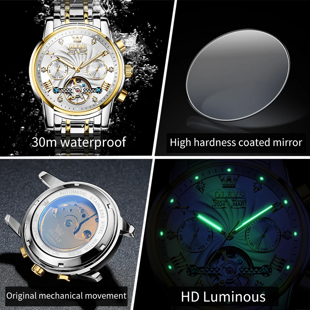 OLEVS 7088 Luxury Automatic Mechanical Watches for Men Skeleton Flywheel Calendar Week Business Man Watch Hollowed Men's Watches