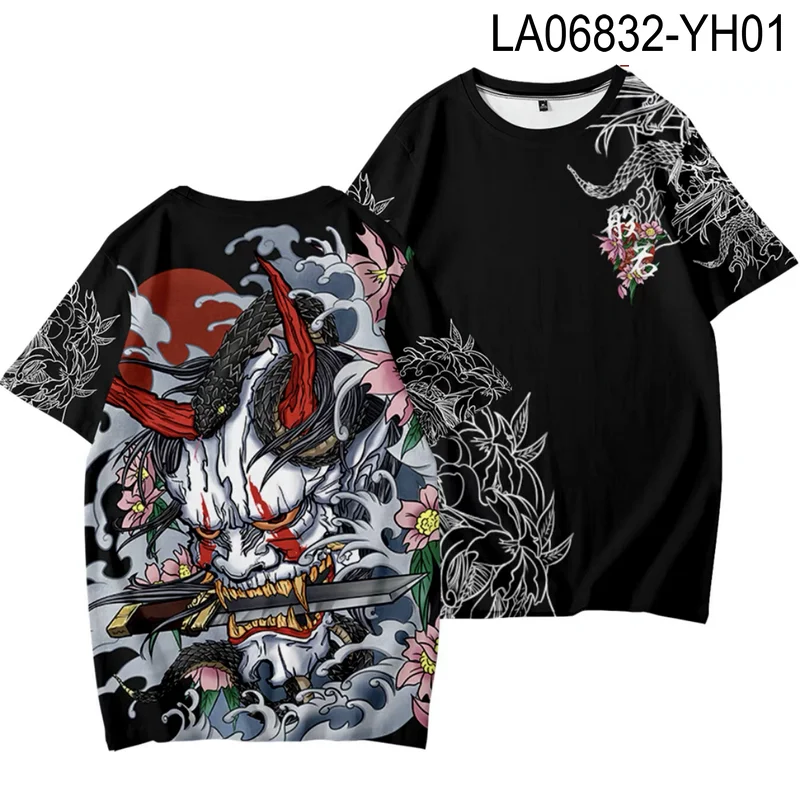 

Cool Hannya Mask 3D Printing T-shirt Summer Fashion Round Neck Short Sleeve Popular Japanese Harajuku Streetwear Plus Size