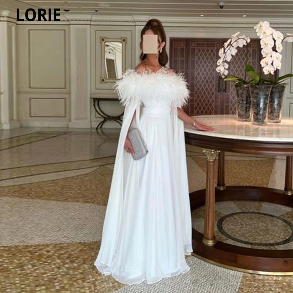 LORIE Saudi Arabia Chiffon Evening Dresses 2022 Abiti Da Sera Luxury Feathers With Cape Women Prom Gowns Formal Robes De Soirée