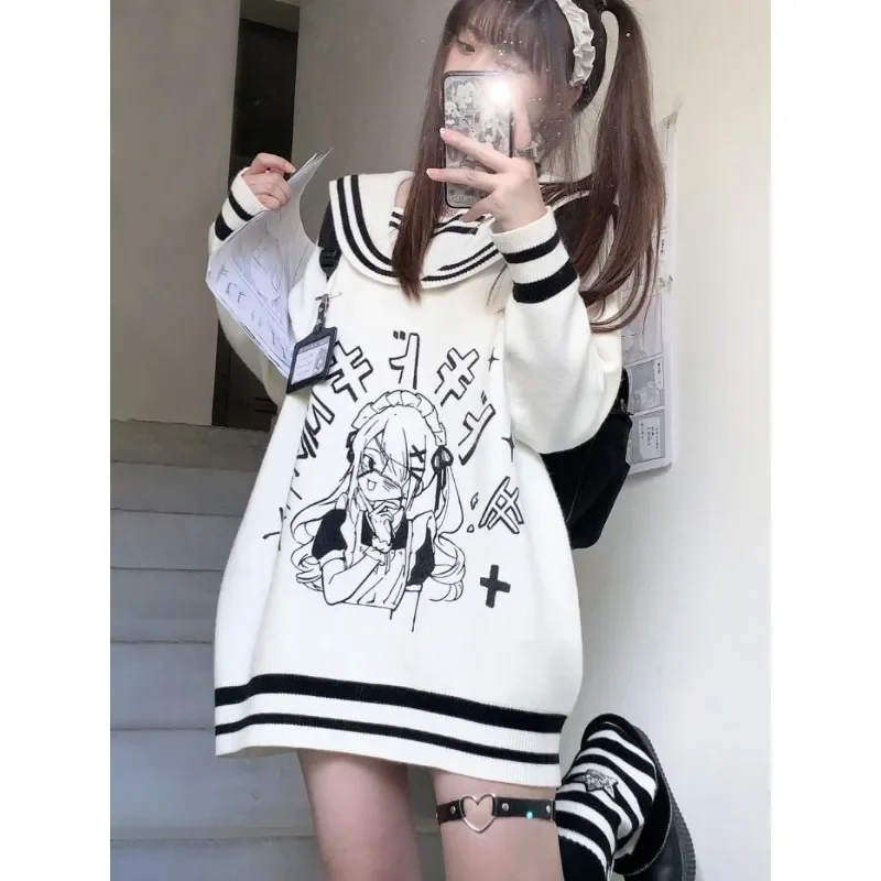 Deeptown Y2k White Sweater Women Anime Sailor Collar Jk Japanese Fashion Harajuku Knit Pullovers Preppy Loose Autumn Youthful