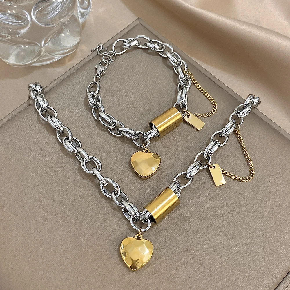 Heart Lock Charms Stainless Steel Bracelet Necklace Chunky Gold Plated Chain Love Bracelets Necklaces Jewelry Valentine Gifts
