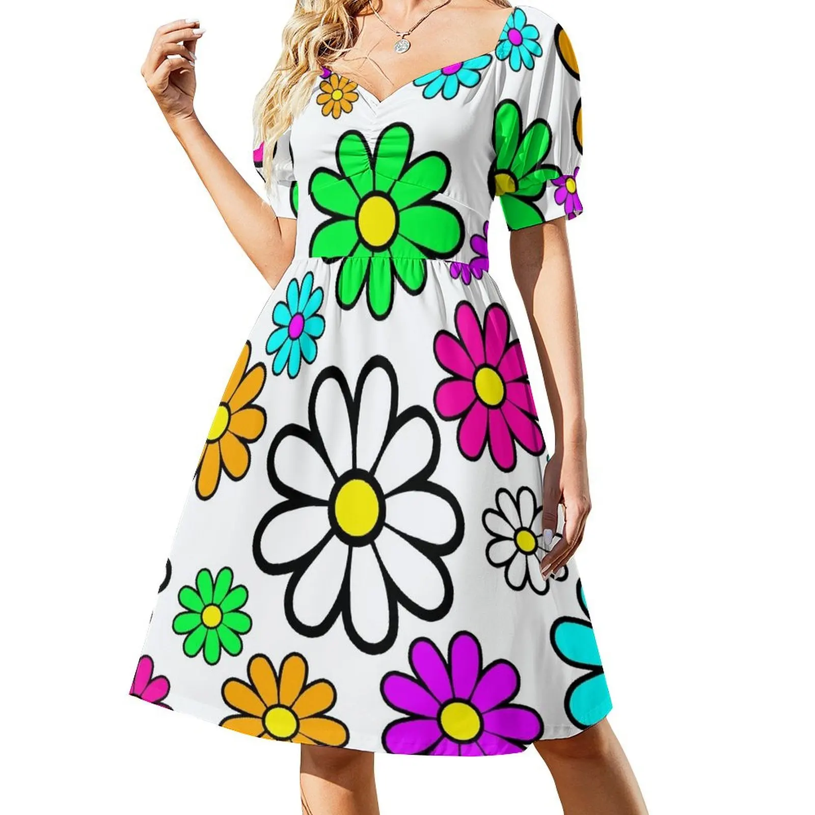 

Hippie Groovy Daisies Flowers Happy Flowers Pattern Short Sleeved Dress summer women's dress 2025 Dress