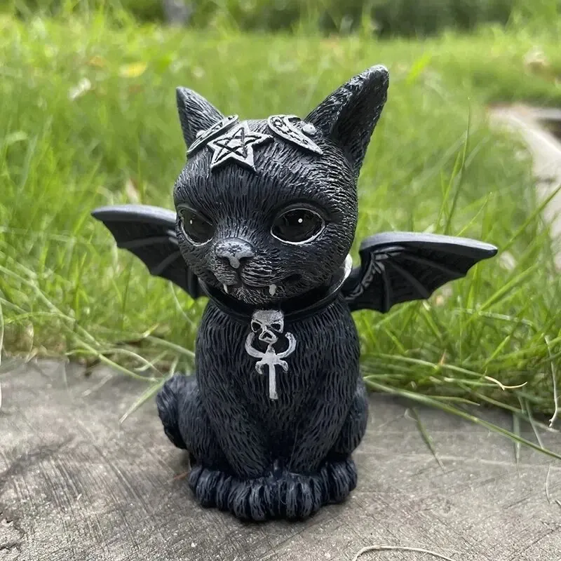 Black Cat Statue Mysterious Cute Cat Witch Cat Figurine Witches Decor Desk Ornament Hand-Painted Sculpture for Halloween 1PC