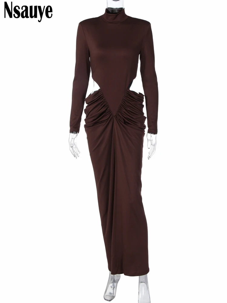 فستان Nsauye للسيدات أنيق بأكمام طويلة مفرغ فستان ماكسي ضيق بلوفر بياقة مدورة مثير للحفلات المسائية والنوادي الليلية