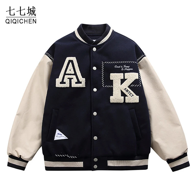 

Harajuku Baseball Jacket Men Contrast Color Patchwork Letter Flocking Embroidery College Jackets Couple Casual Oversized Coat