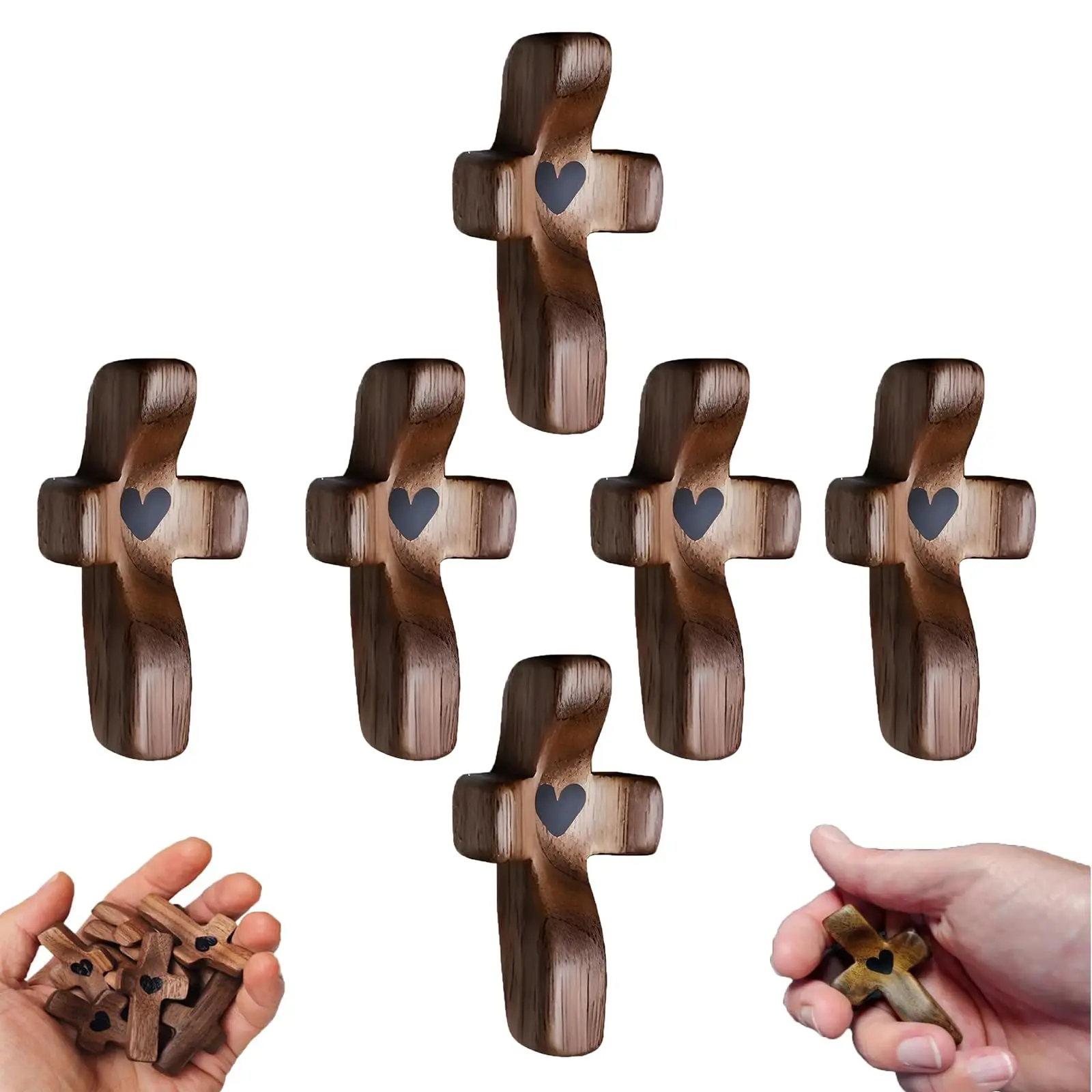 3-10PCS Wooden Cross Fidget Cross My Heart Pocket Prayer Cross Handmade Wooden Cross Fidget, Encouragement Christian Gift