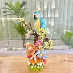 Building block flower potted plant decoration with parrot theme, brightly colored, as a holiday gift for friends