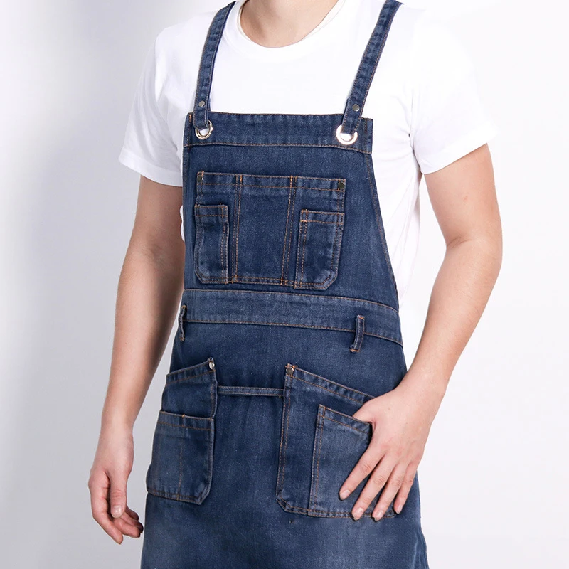 Casual Retro Denim Slanted Pocket Apron Men Women Barber Multi-Functional Work Clothes CoffeeShop Kitchen Stain Resistant Apron