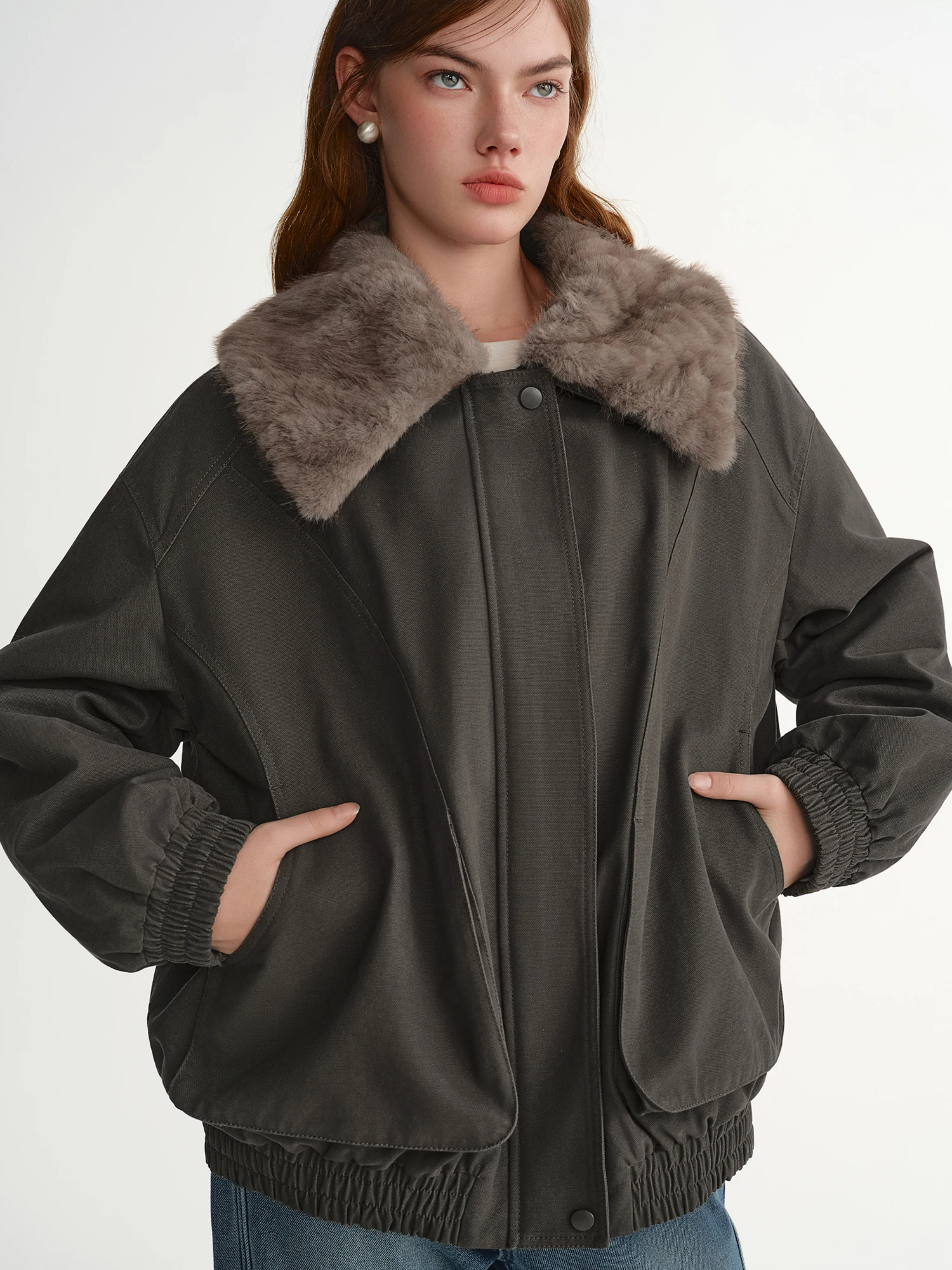 سترة DUSHU 2025 الشتوية النسائية ذات الياقة الصناعية القابلة للفصل - معطف سترة دافئ مع جيوب متعددة للخارج #3