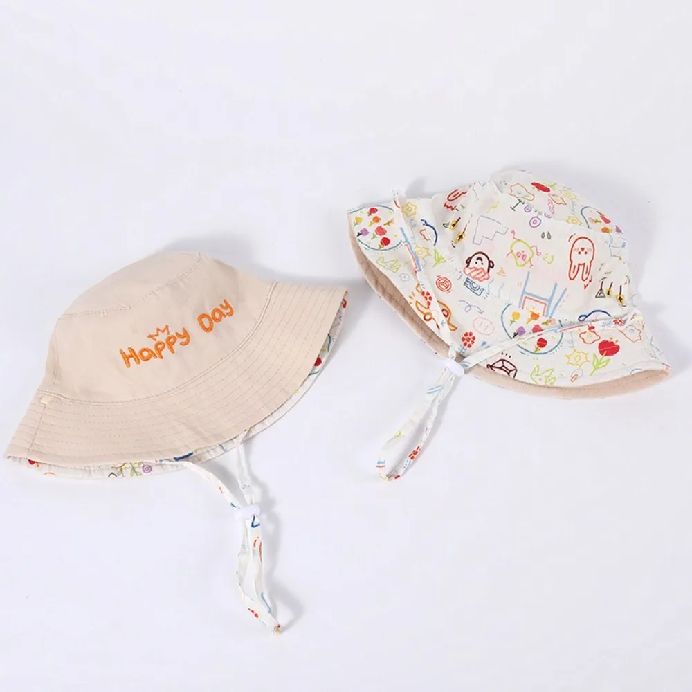 

New Double Sided Bucket Hat Breathable Letter Embroidered Fisherman Cap Windbreak Baby Cap Boys Girls
