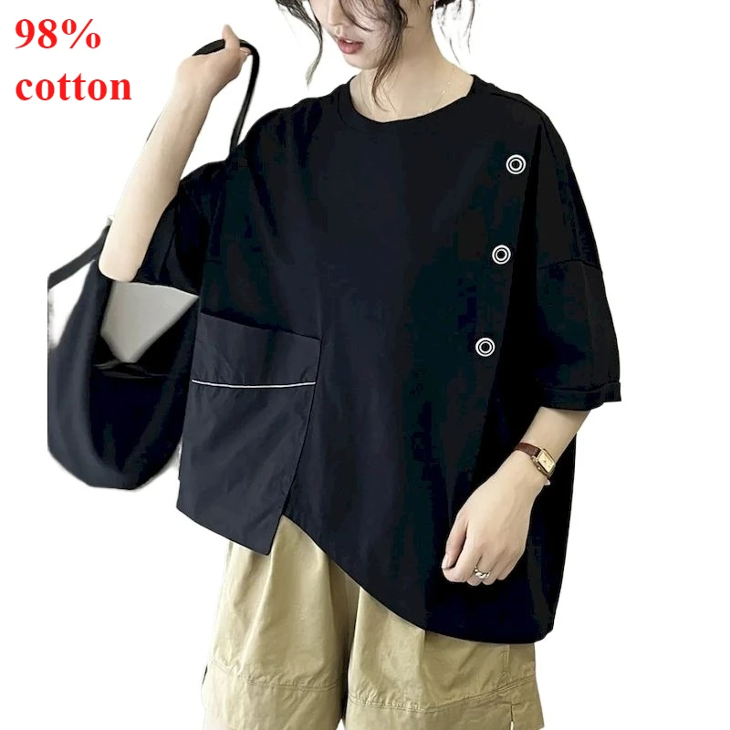 

Футболки из 98% хлопка для женщин: модный дизайн, асимметричный крой, короткий рукав, повседневные свободные топы с пэчворком, летний тренд, тонкая футболка