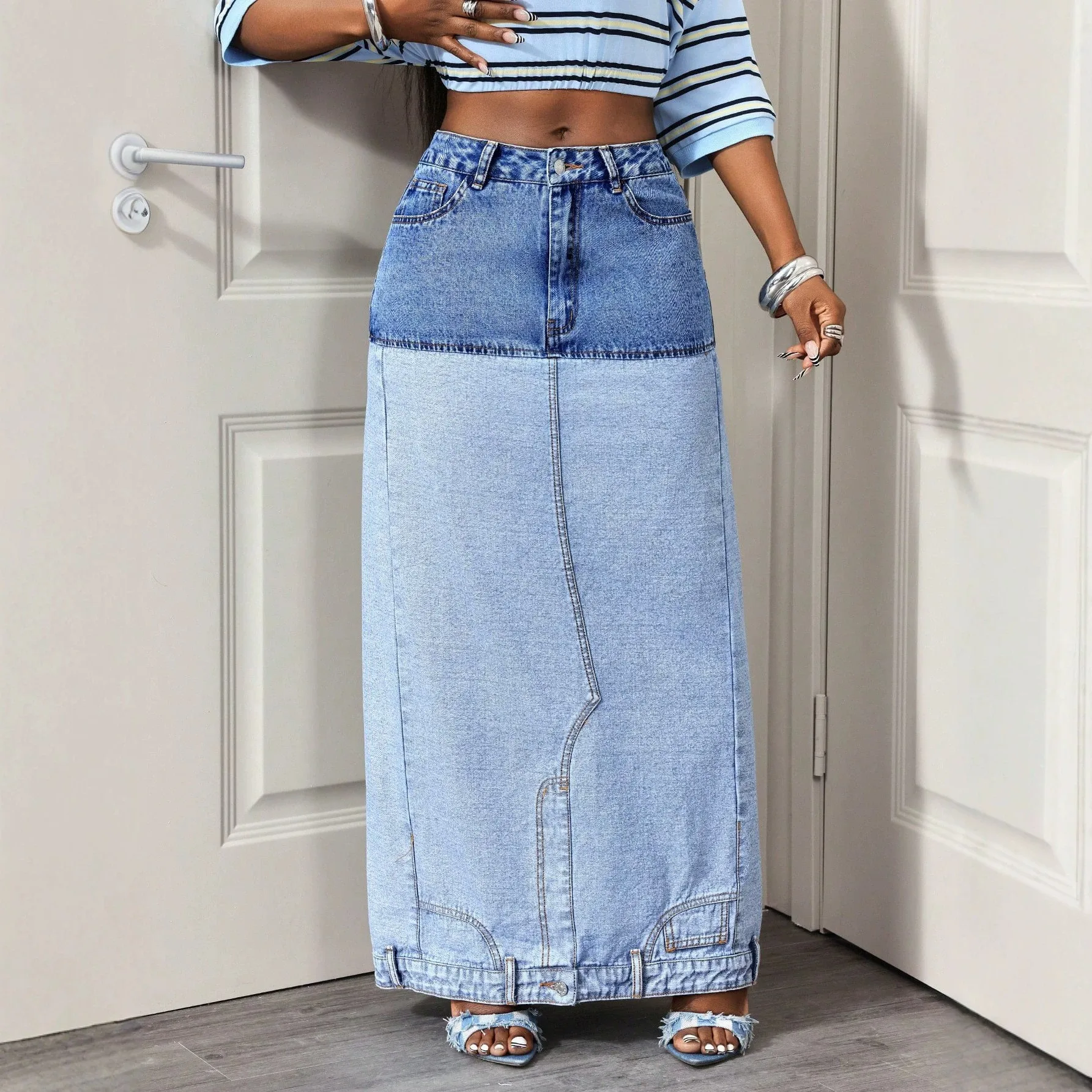 Slit No Stretch Skirt Straight Cut Streetwear with Wrinkle Finish Mid Waist Western Style Sexy Summer Long Skirt for Women