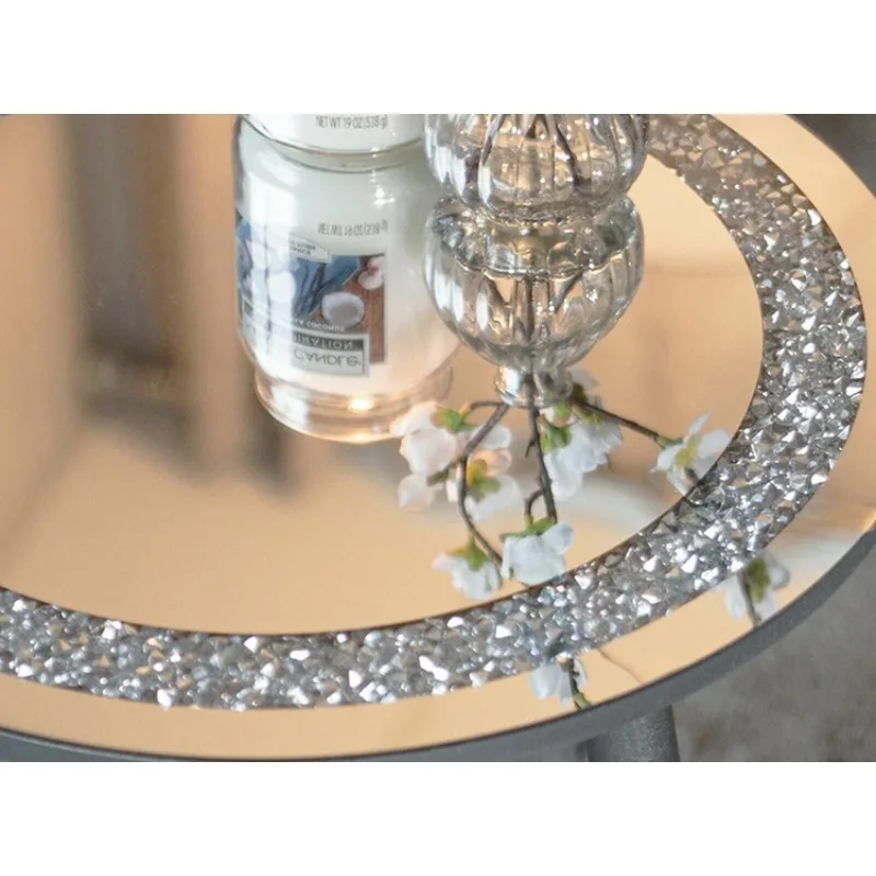 Luxury Tea Table Room Furniture Mirrored Side Table Silver Crystal Crushed Diamond Round Modern Mirrored Coffee Tables