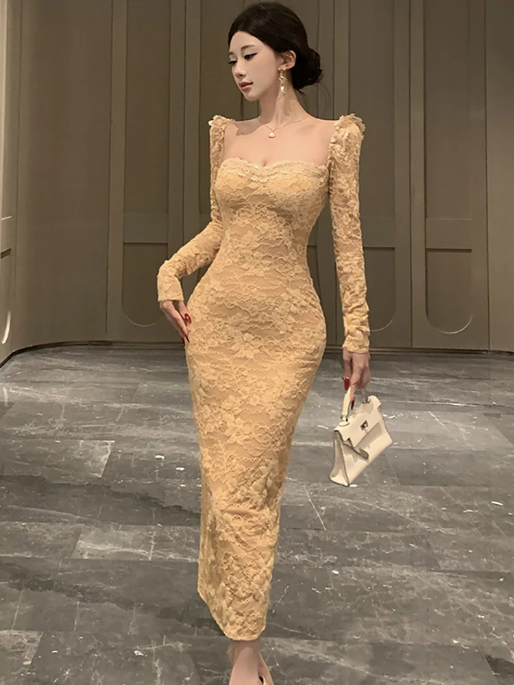 2026 New Lace Jacquard Floral Sqaure Collar Sexy Long Dress Autumn Winter Korean Bodycon Dress Women Elegant Luxury Party Dress