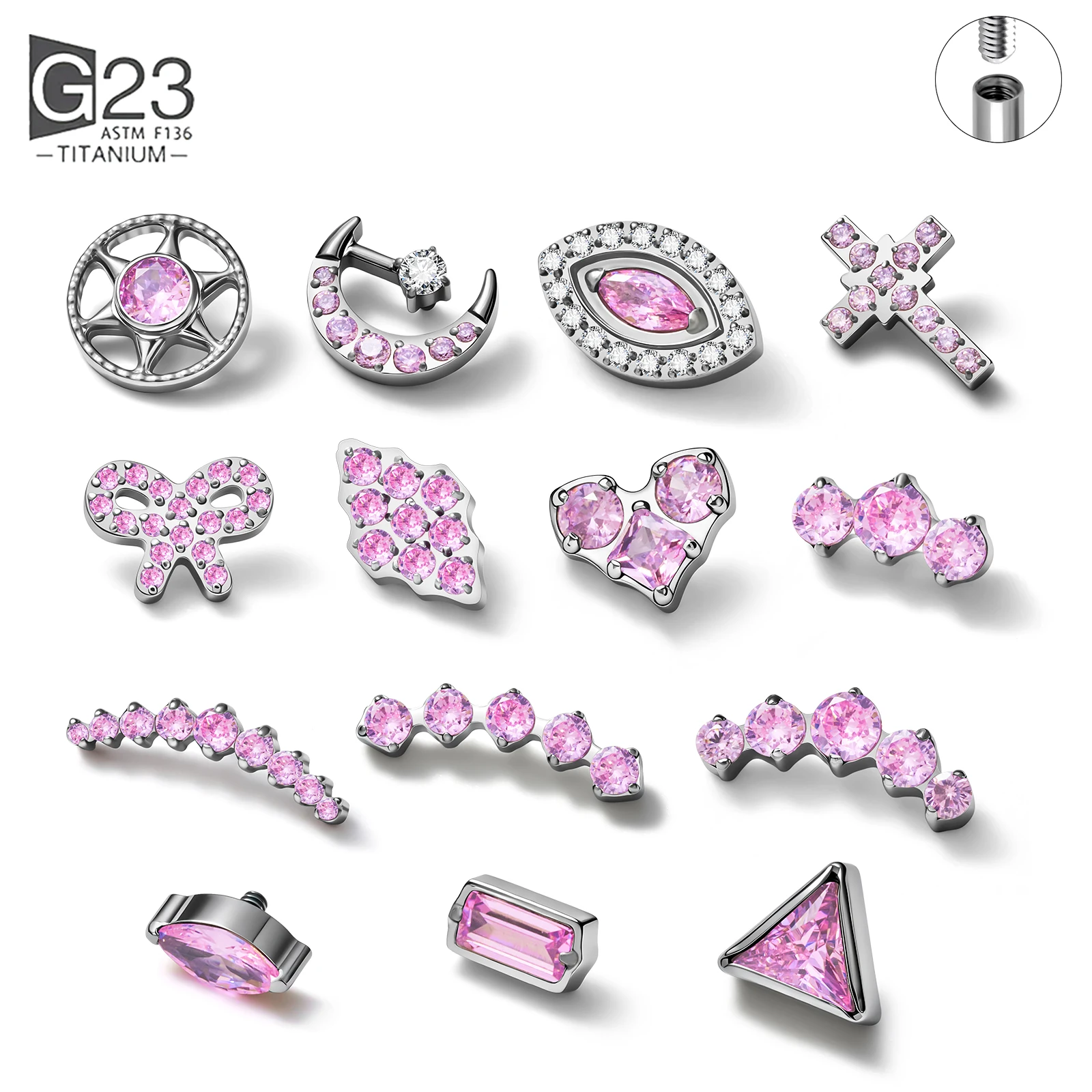Kolczyk Labret z tytanu ASTM F136 G23 z wewnętrznym gwintem, różowym cyrkoniem, ozdobą w kształcie księżyca i serca, do piercingu tragusu, helixu, chrząstki ciała. — Zdjęcie 2 z 2