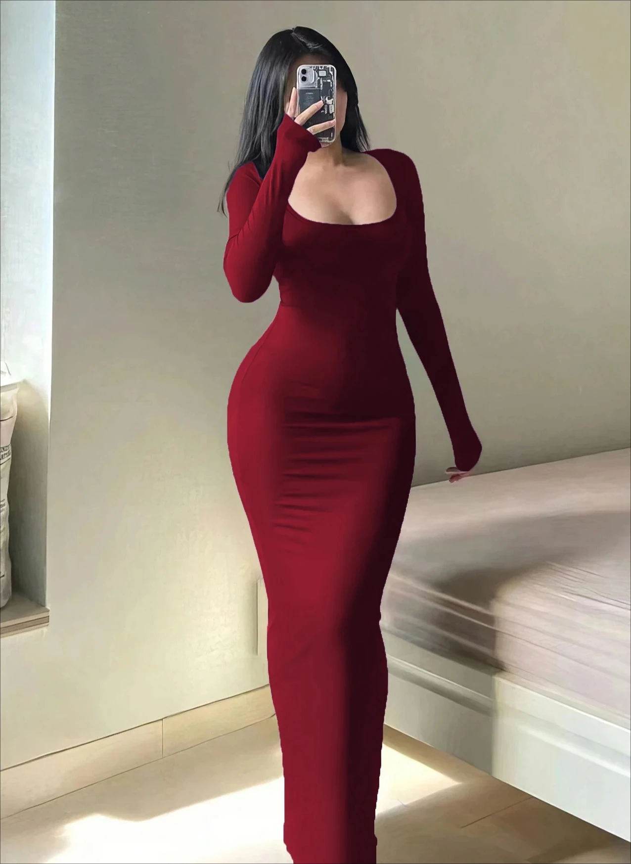 

Женское однотонное облегающее платье с длинными рукавами, шикарное базовое минималистичное повседневное модное длинное платье с круглым вырезом