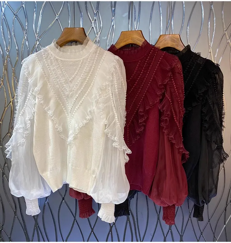 

Tops Fashion New Sweaters 2023 Autumn Winter White Red Black Jumpers Ladies Beading Lace Patchwork Long Sleeve Casual Pullovers
