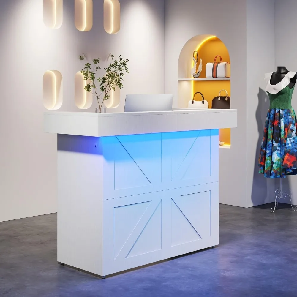 

Reception Desk with Light, 55-Inch Front Desk with Cable Grommets, Modern Retail Counter Table for Salon, Lobby