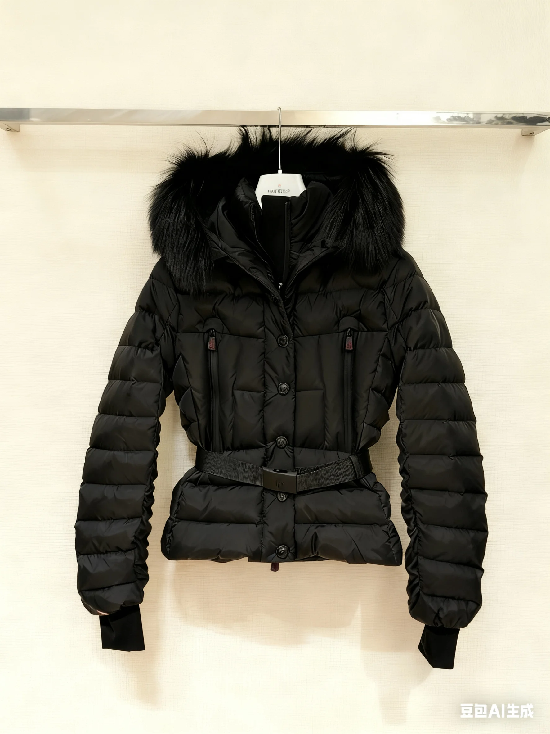 

2025 Winter Women Black Puffer Jacket with Fur Hood Belted Waist Warm Thickened Coat Fashion Outerwear