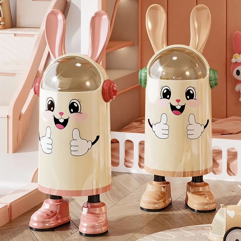 

Cute Cartoon Rabbit Ear Trash Can Flip Lid Dual Compartment Rolling Wheels Large Capacity Kitchen Living Room Home Garbage Bin