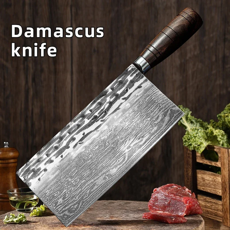 Cleaver Knife Damascus Steel Wood Handle Chef Chop Vegetables Slicing Meat Kitchen Knives Chef Butcher Meat Fruit Cleaver Knife