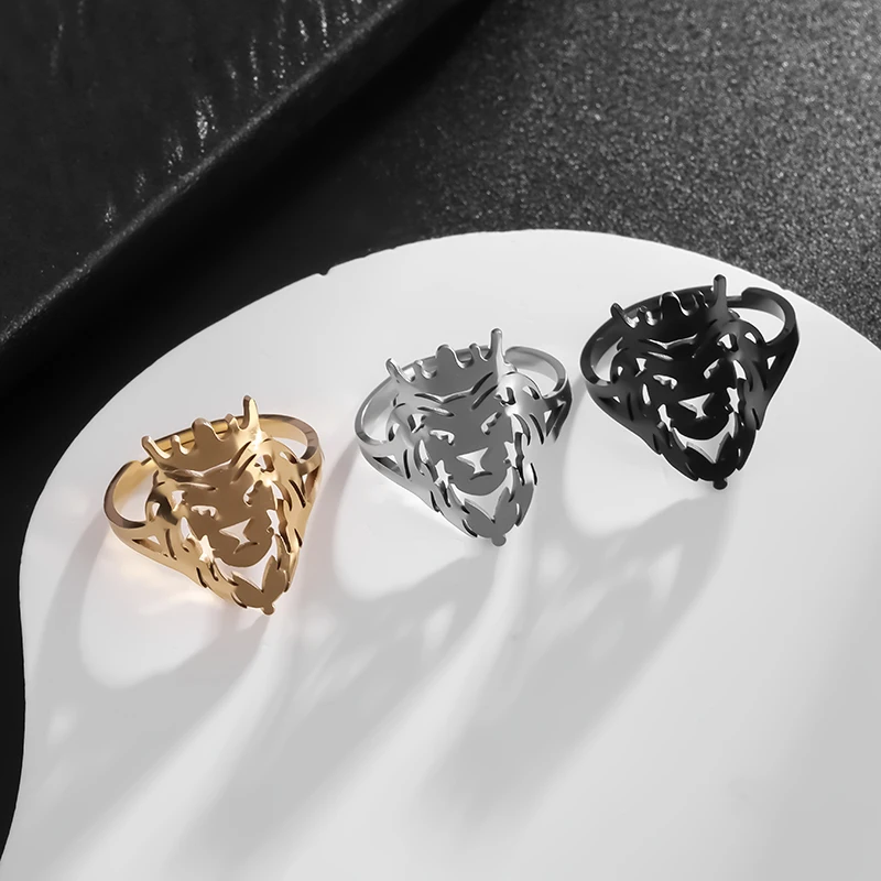 Men's Golden Domineering Stainless Steel Cut Flat Hollow Lion Head Ring Punk Hip Hop Personalized Holiday Birthday Gift