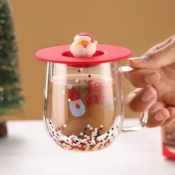 Christmas Double-layer Glass Cup with Silicone Lid Santa Claus Christmas Tree Breakfast Milk Cup Insulated Anti-scald Coffee Cup