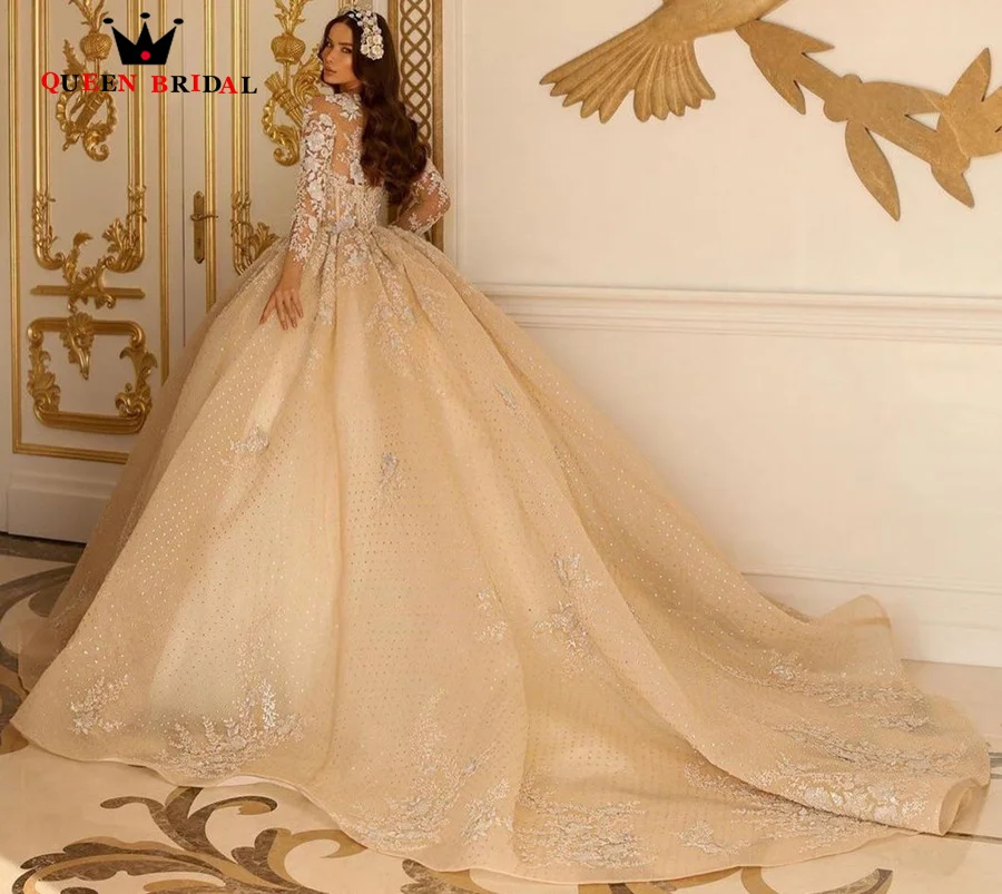 Champagne Wedding Dress Luxury Long Sleeve Appliques Lace DressBeaded Backless Lace Up Bridal Gowns Vestido de novia Custom Made