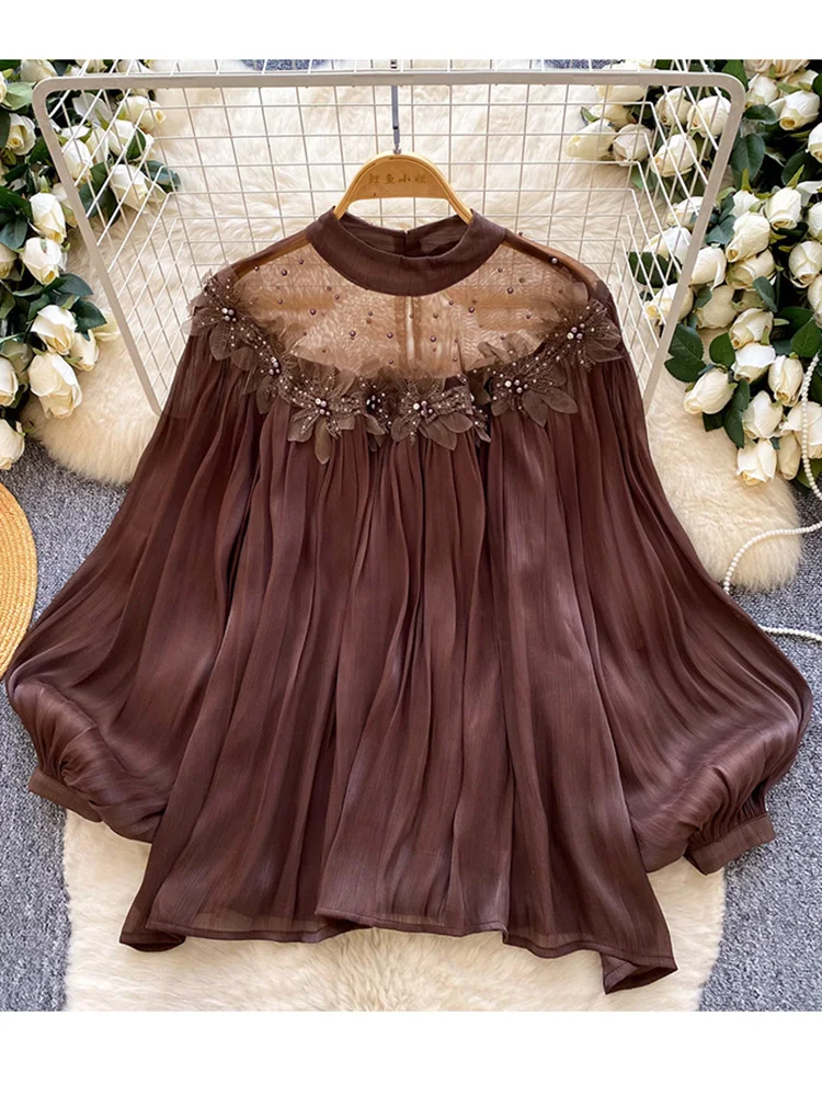 

Spring Lantern Sleeve Mesh Long Sleeved Floral Blouse for Women New Korean Version Loose Versatile Elegant Party Top W105