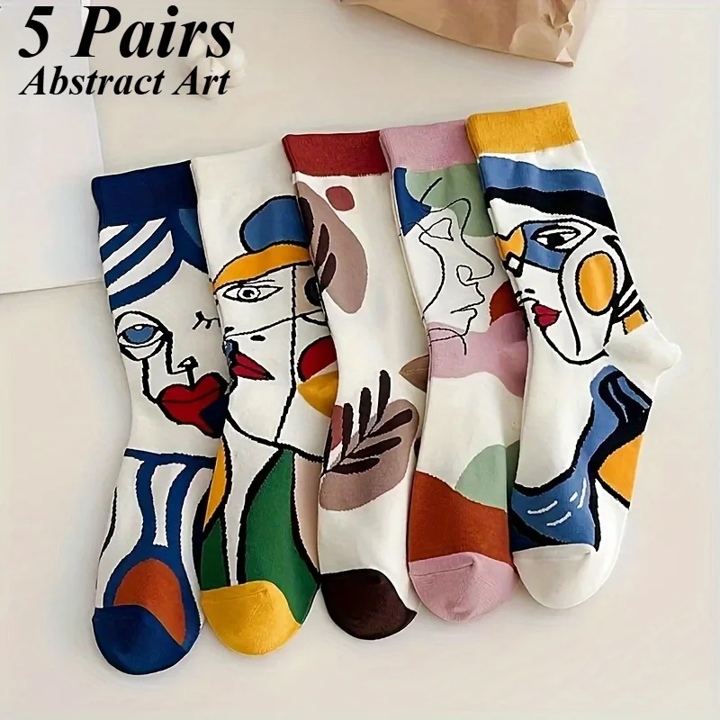

5 pairs of creative art women's mid tube socks with abstract graffiti style, personalized breathable and sweat absorbing socks