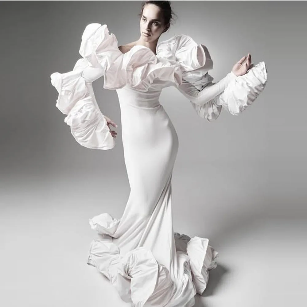 

Couture Белые эластичные вечерние платья русалки с оборками и отделкой Элегантное длинное вечернее платье с длинными рукавами