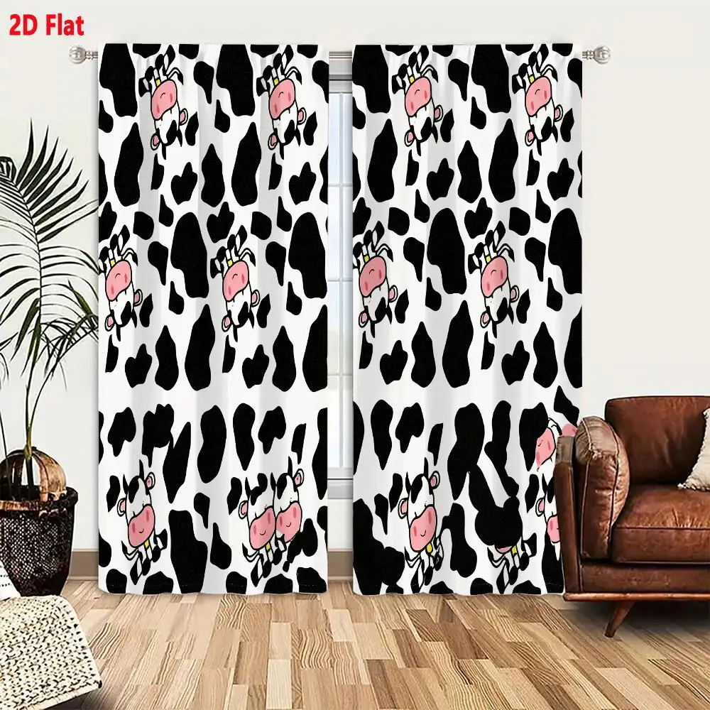 2Pcs Curtains 2D Flat Irregular Black Cow Spots With Cute Cartoon Cows On White Background Seamless Pattern Window Drapes for Be