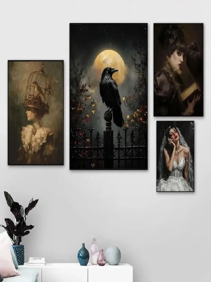 Retro Terror Dark Victorian Witch Canvas Print Gothic Spooky Crow Vampire Ghost Art Portrait Halloween Home Decor Wall Art