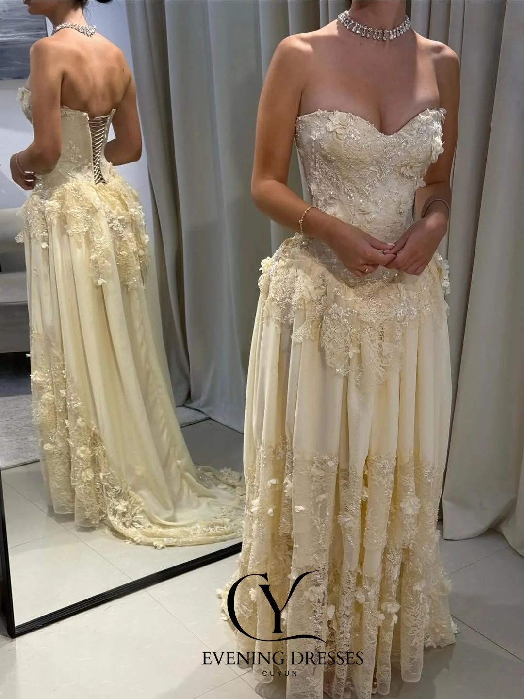 CUYUN ثوب مسائي فاخر 2025 على شكل قلب بدون حمالات دانتيل زينة فستان حفلة شيفون مخصص مشد خلفي فساتين لحضور الحفلات الموسيقية
