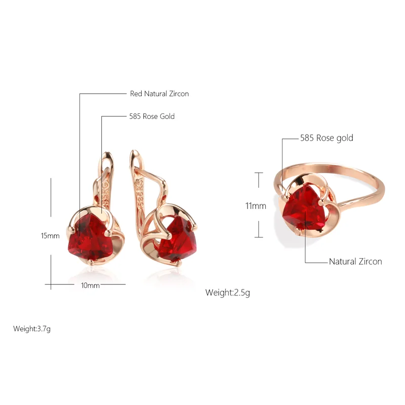 Wbmqda Romantic Red Natural Zircon Dangle Earrings Ring For Women 585 Rose Gold Color Luxury Wedding Party Fine Jewelry Sets