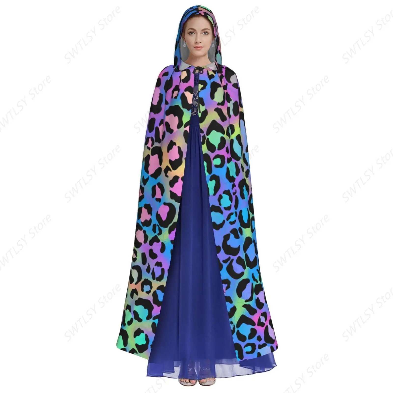 Colorful Leopard Print Halloween Adult Hooded Cape Full Length Cloak Christmas Cosplay Costume Unisex