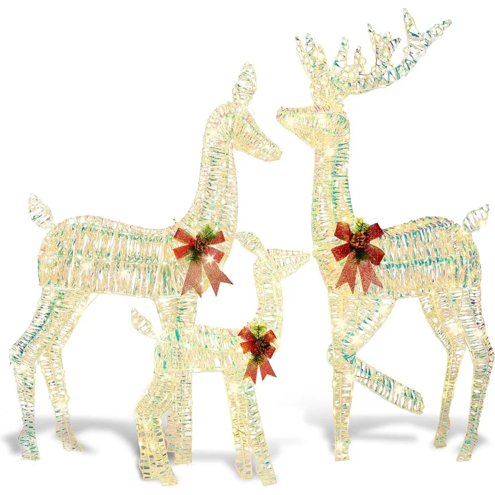 

3 Pcs Christmas Iridescent Reindeer Family Set Yard Light Decorations, 360 LED Warm White Lights with Metal Stakes for