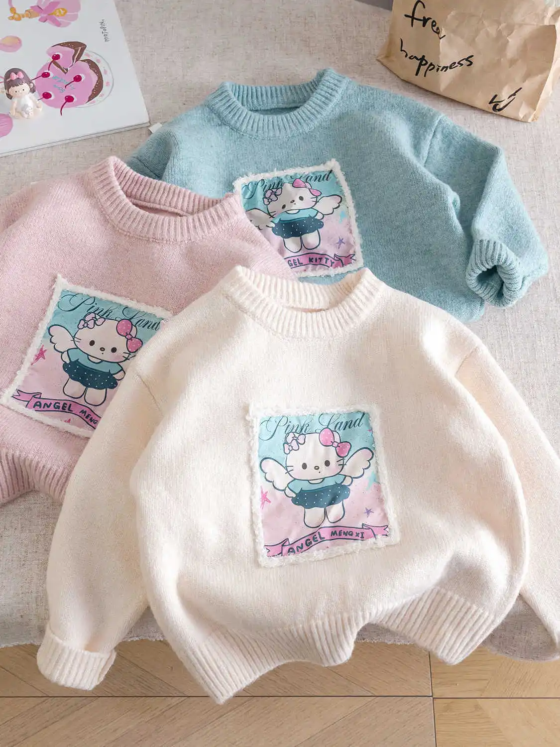 

Вязаный свитер Thiened на осень-зиму для девочек, базовый слой с героями мультфильмов, универсальный детский теплый длинный све, круглый вырез...