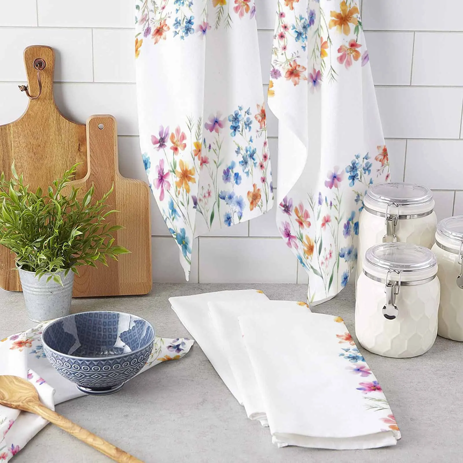 Watercolor Flowers Leaves Kitchen Towel Absorbent Dish Cloth Tableware Towel for Kitchen Household Cleaning Tool