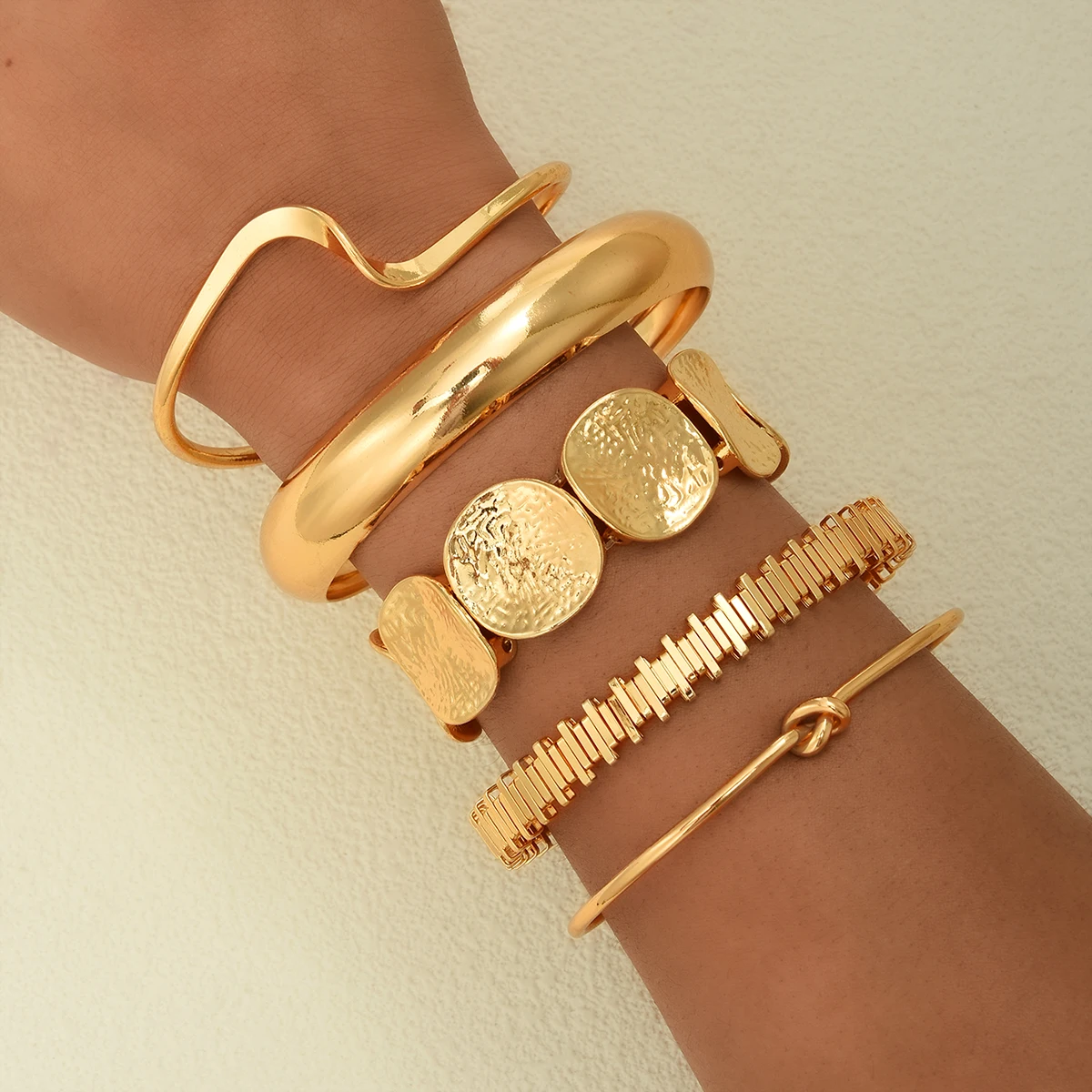 5Pcs/Set Punk Geometry Multilayer Bangles for Women Delicate Gold Color Metal Knot Cuff Bracelets Fashion Hip Hop Party Jewelry