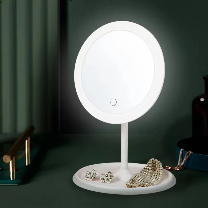 LED Makeup Mirror With Light Lamp With Storage Desktop Rotating Cosmetic Mirror Light Adjustable Dimming USB Vanity Mirror