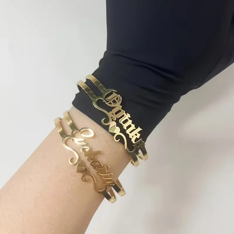 Custom Name Hollow Cuff Bangle Stainless Steel Personalized Heart Vintage Letter Nameplate Opening Bracelet Women Jewelry Gift