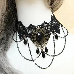 Vintage Palace Gothic False Collar Black Beads Decor Women Retro Gothic Black Chokers Lace Hollow Chain Collar Fashion Necklace