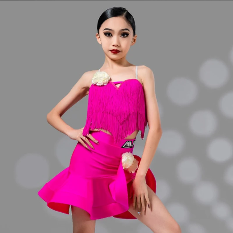 

2024 Latin Dance Costume Girl's Performance Wear Kids Samba Practice Clothes Rose Red Tassels Backless Sling Skirt Set VBH980