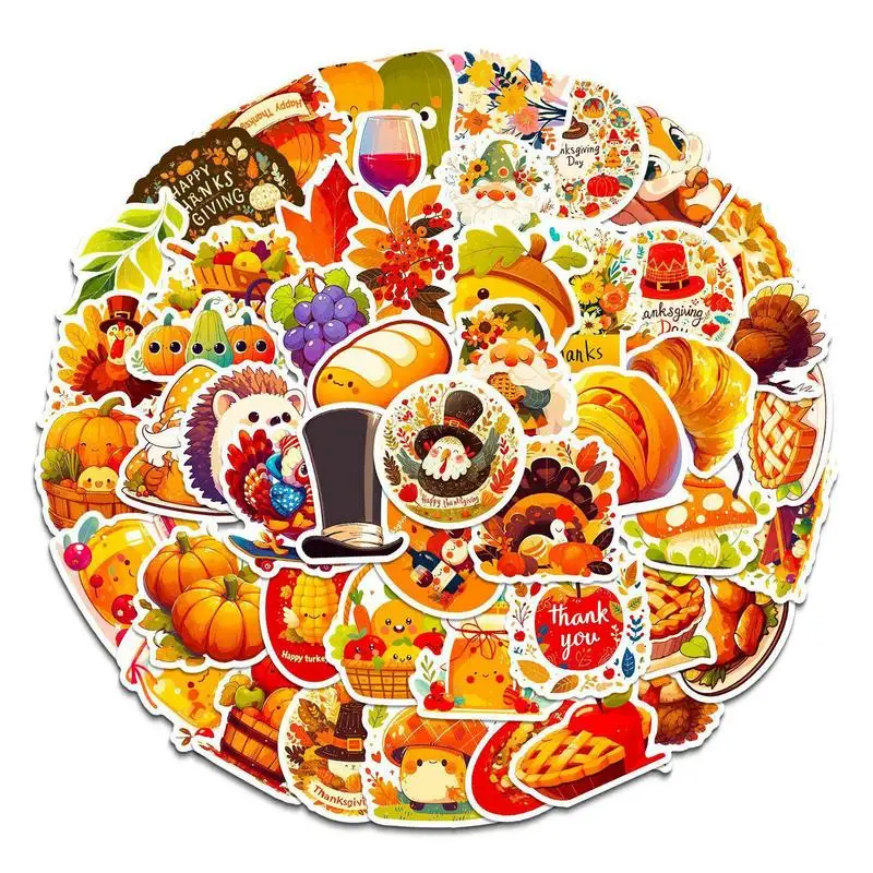 50Pcs Turkey Pumpkin Cartoon Thanksgiving Day Sticker Laptop Luggage Skateboard Decals Fun For Kid Toys